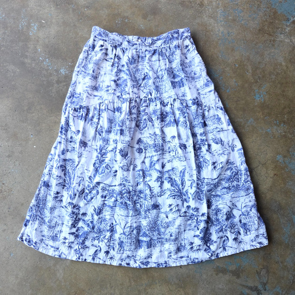 Joie Linen Midi Skirt Size L Blue White Print Tropical Island Print Toile Tiered - Picture 2 of 9